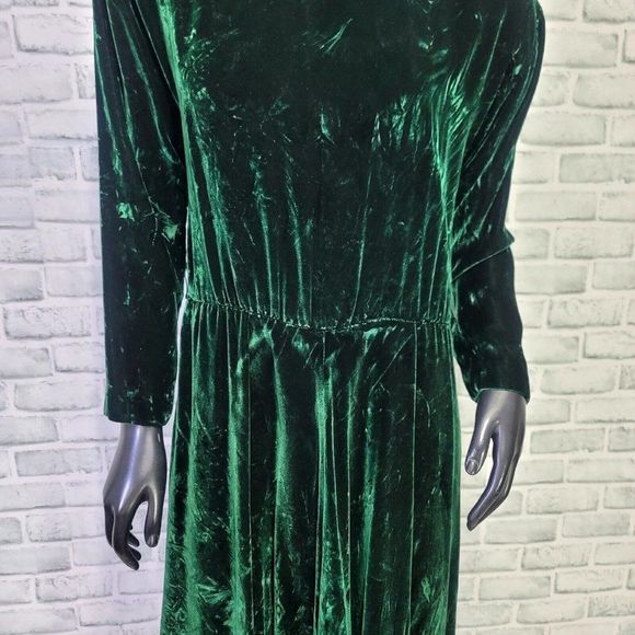 Vintage 80s Carroll Reed M/L Emerald‎ Green Crushed Velvet Mockneck L/S Dress - Picture 3 of 12